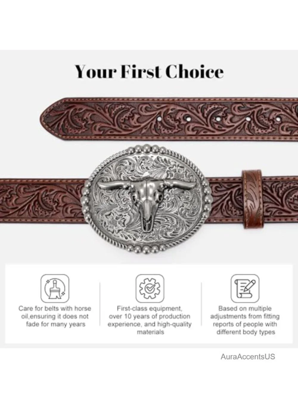 Genuine Leather Cowboy Belt with Longhorn Buckle, Embossed, Western Style for